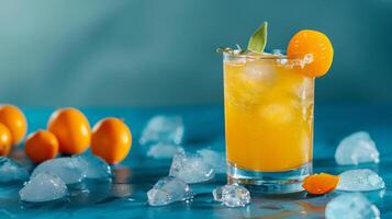 Glass of kumquat juice with ice and citrus, surrounded by kumquats and ice photo
