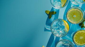 Iced limeade with lemon slices and mint in glasses on a blue background photo