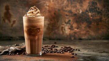 A close-up of a mocha frappe with whipped cream and cocoa powder photo