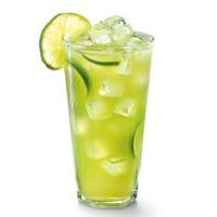 A tall glass filled with limeade and ice, garnished with a lime wedge photo