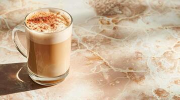 A glass of maple latte topped with whipped cream and cinnamon sits on a marbled surface photo