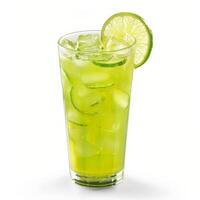 A tall glass of limeade with ice and cucumber slices garnished with a lime wedge photo