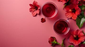 Hibiscus tea cups and flowers on a pink background photo