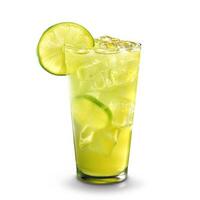 A tall glass filled with limeade and ice, garnished with a lime wedge photo