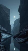 A peaceful river flows through a canyon lit by the moon photo