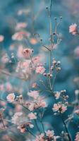 A close-up of pink blossoms blooming on a branch against a soft, teal backdrop photo
