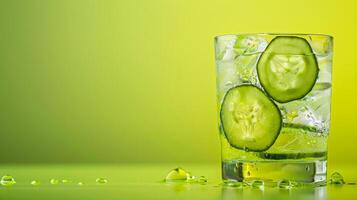 A glass of cucumber water with ice on a green background photo