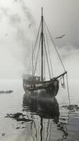 A sailboat anchored in the calm waters of a foggy sea photo