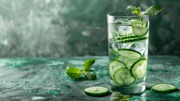 A glass of cucumber water with ice and mint on a green background photo