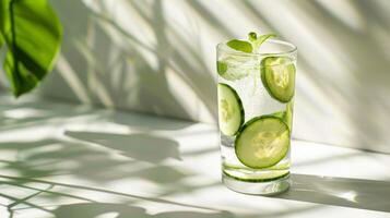 Cucumber water infused with mint, in a glass with sunlight streaming through photo