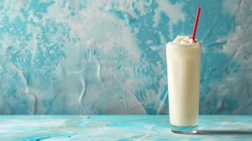 Cream soda in a glass with a red straw on a turquoise surface photo