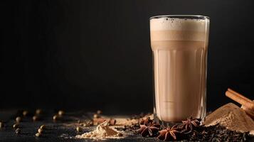 A glass of masala chai with spices and tea leaves photo