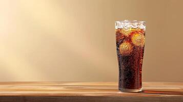 Cola with ice sits on wooden table, lit by sun photo