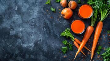 Glass of carrot juice and whole carrots on slate photo