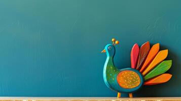 A vibrant wooden peacock toy with a colorful tail rests on a desk photo