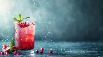 Pomegranate juice with mint, seeds and water droplets photo