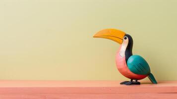 A vibrant, wooden toucan toy rests on a desk, ready to be played with photo
