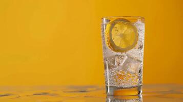 Tall glass of water with lemon and ice on yellow photo