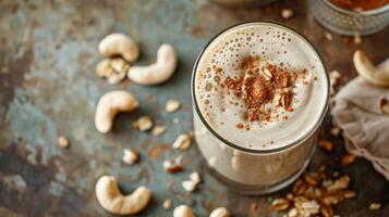 Cashew milk smoothie topped with cinnamon and pecan pieces photo