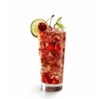 A tall glass filled with a cherry lime rickey cocktail, garnished with lime and cherries photo