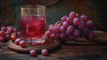 A glass of grape juice with grapes on a wooden table photo