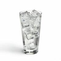 A tall glass filled with sparkling water and ice cubes photo