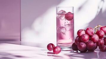 A glass of grape juice with ice and grapes, shot in soft light photo