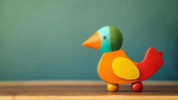 A vibrant wooden bird toy sits on a desk photo