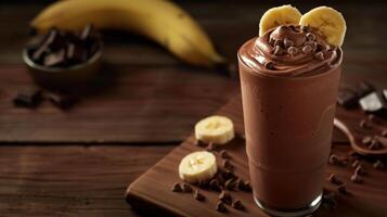 Closeup of a chocolate banana smoothie with banana slices on top photo