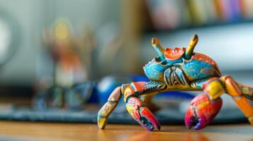 A vibrant wooden crab toy sits on a desk photo