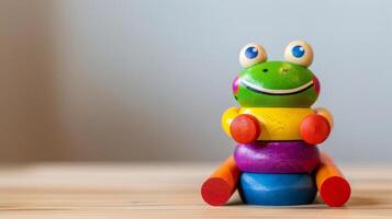 A colorful wooden frog toy sits on a wooden desk, smiling photo