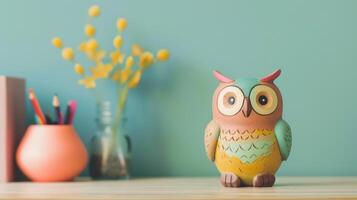 Colorful wooden owl toy sits on desk, awaiting child's play photo