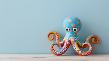 A playful wooden octopus toy rests on a desk photo