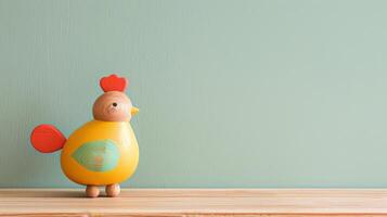 A yellow wooden chicken toy with a red comb sits on a wooden desk photo