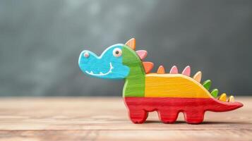 A brightly colored wooden alligator toy sits on a wooden desk photo