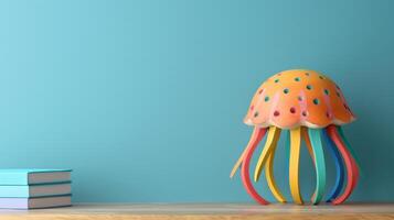 A colorful wooden jellyfish toy sits on a desk, next to a stack of books photo