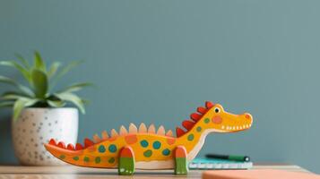 A playful alligator toy sits on a desk, surrounded by a notebook and pen photo