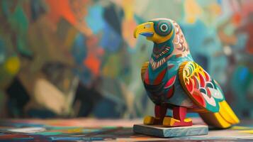 A colorful, wooden eagle toy sits on a desk, with a vibrant painted background photo