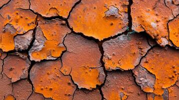 Closeup of rusty iron surface with intricate patterns of corrosion and vibrant orange brown hues photo
