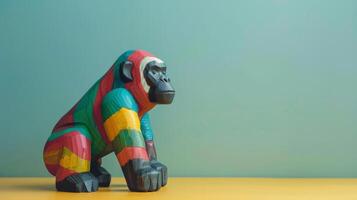 A colorful wooden gorilla toy sits on a desk photo