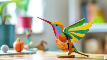 A lively hummingbird toy with outstretched wings rests on a desk photo
