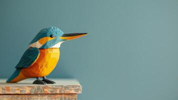 A colorful wooden kingfisher toy sits on a desk, ready to take flight photo