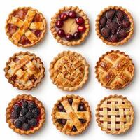 Nine freshly baked pies arranged on a white background, showcasing various fruit fillings photo