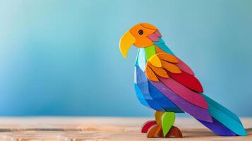 A brightly colored wooden falcon toy stands on a desk, its wings outstretched photo