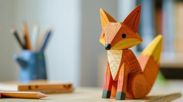 A wooden fox toy sits on a desk, surrounded by pencils and other art supplies photo