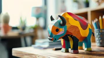A whimsical wooden bison figurine with vibrant colors sits on a desk photo