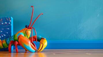 A colorful wooden lobster toy sits on a desk in front of a blue wall photo