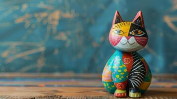 A cheerful wooden cat toy sits on a desk, ready for playtime photo