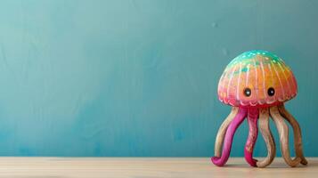 A colorful wooden jellyfish toy sits on a desk photo