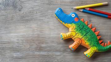 A wooden crocodile toy lays on a desk with three crayons photo